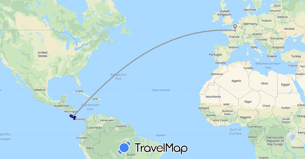 TravelMap itinerary: driving, plane, hiking, boat in Costa Rica, France (Europe, North America)