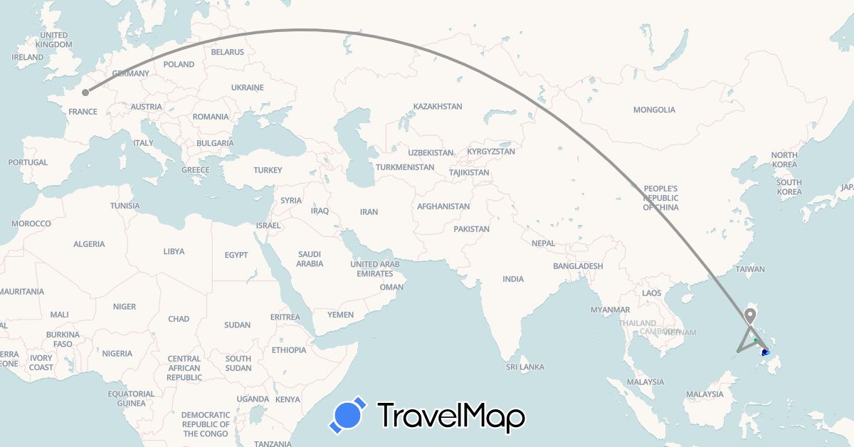 TravelMap itinerary: driving, bus, plane, boat in France, Philippines (Asia, Europe)
